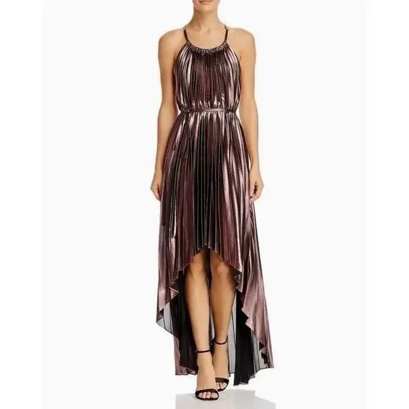 BCBG MAXAZRIA VALARIE Metallic Pleated Halter Gown Hi-Low Dress Size M NWT $368 - Picture 4 of 11